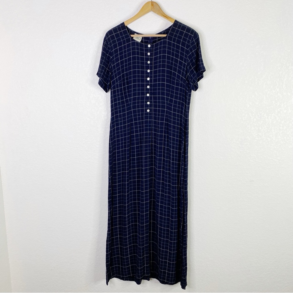 Vintage Laura Ashley Navy Blue Plaid Maxi Dress - Excellent Condition 💙